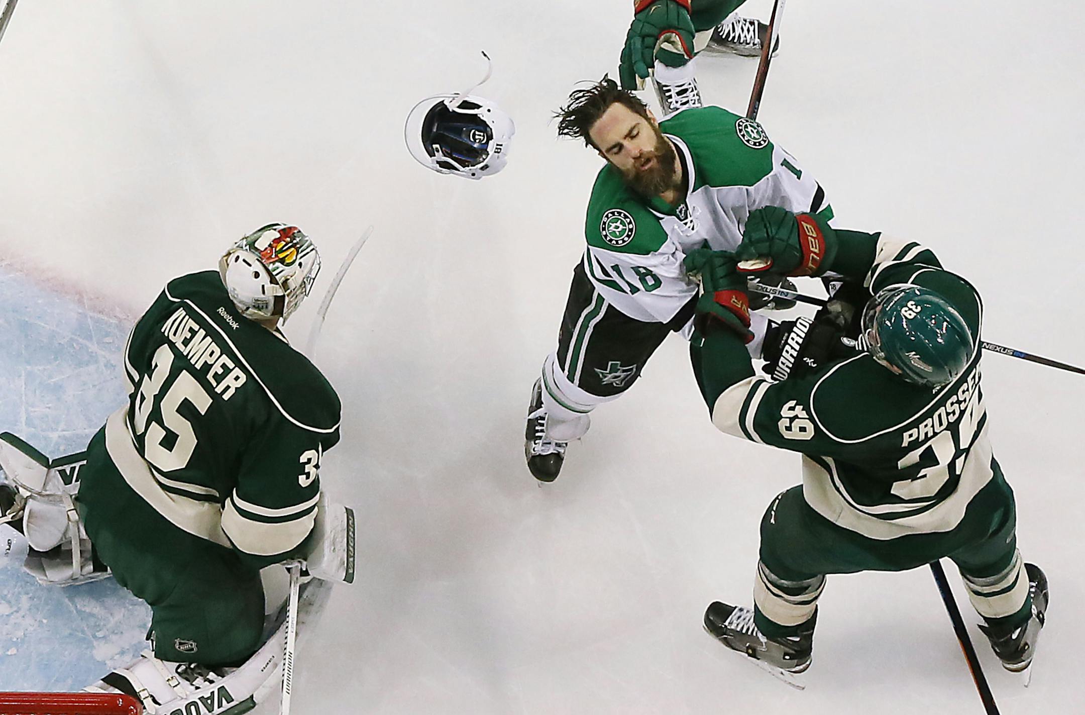 Wild defenseman Nate Prosser knocked the helmet off Dallas Stars right winger Patrick Eaves during a Feb.9 game in St. Paul. The teams meet in the first round of the playoffs beginning Thursday in Dallas.