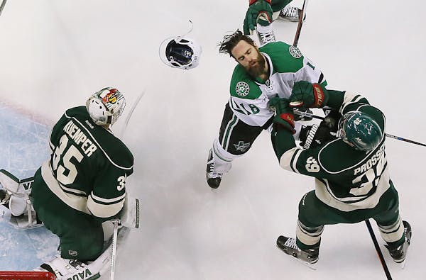 Wild defenseman Nate Prosser knocked the helmet off Dallas Stars right winger Patrick Eaves during a Feb.9 game in St. Paul. The teams meet in the fir