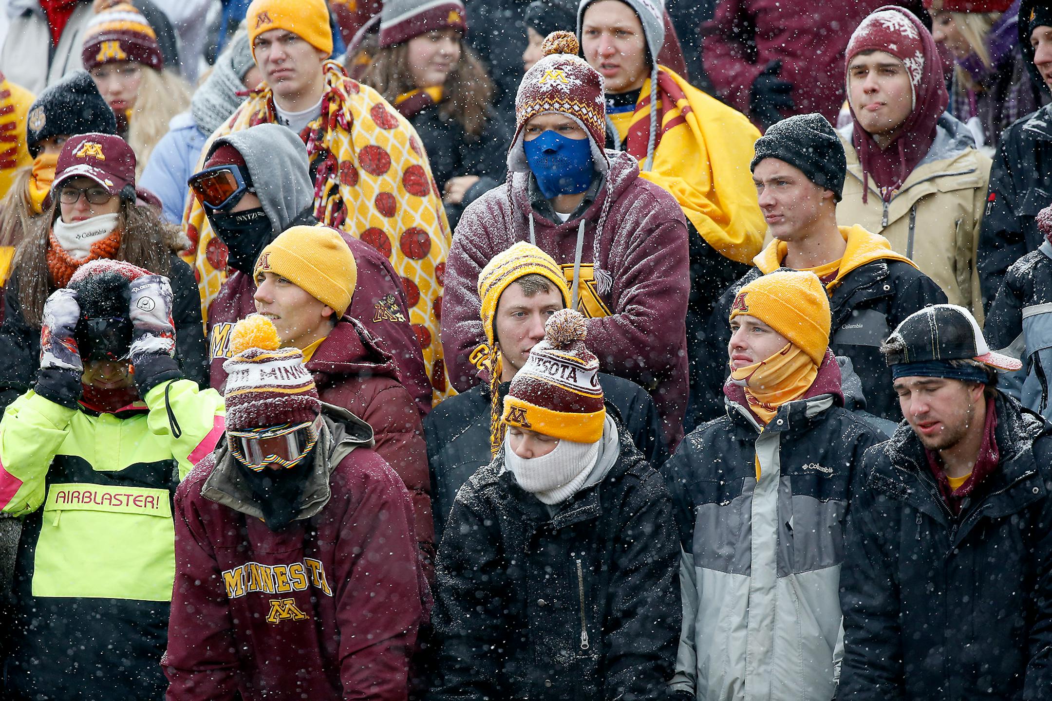 Minnesota fans braved the cold and snow during the game against Ohio State, Saturday, November 15, 2014.