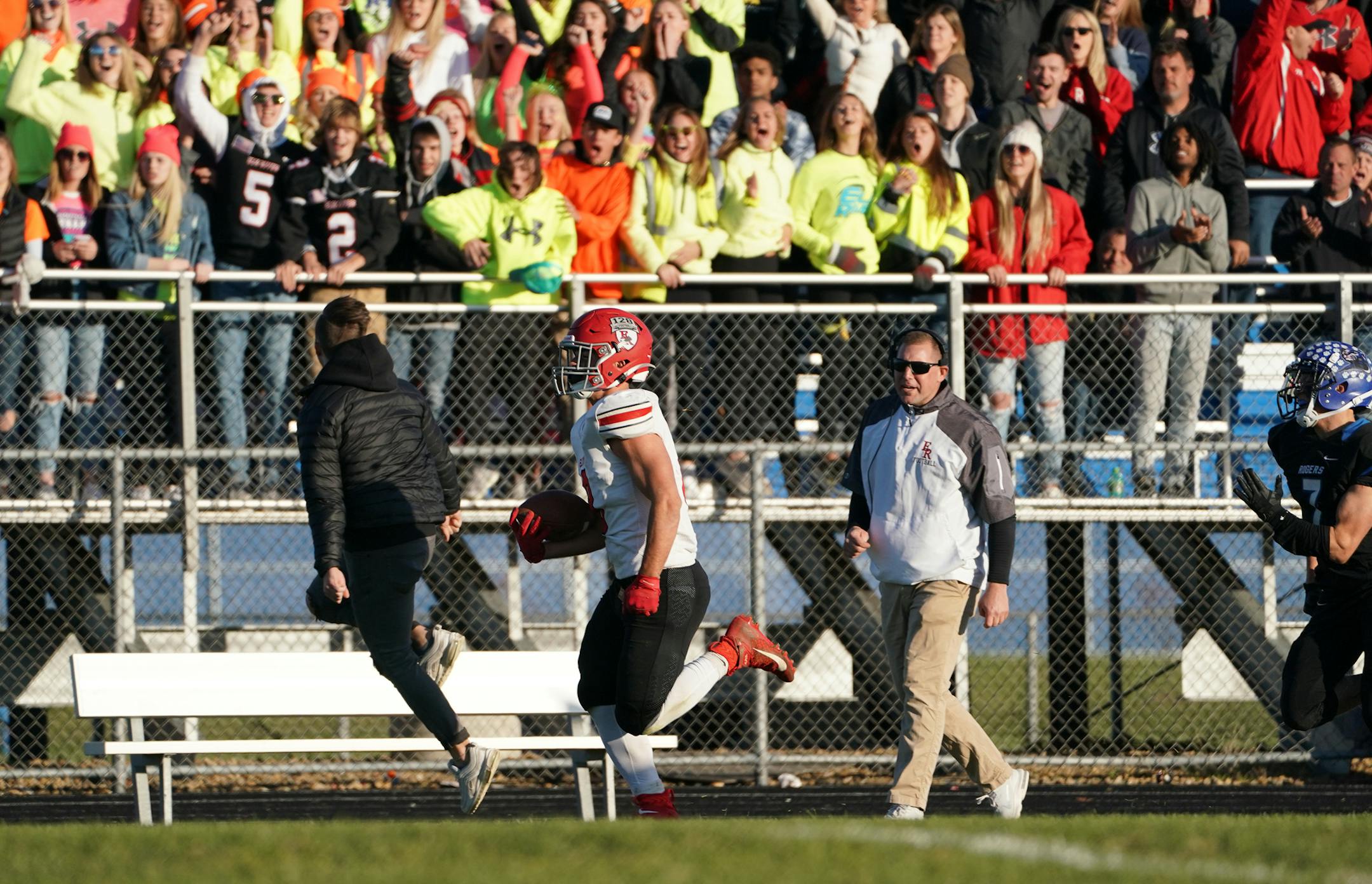 Elk River running back Ryan Wilson (8) broke free for a touchdown run in the second half. ] Shari L. Gross • shari.gross@startribune.com Elk River defeated Rogers 20-14 in a Class 5A, Section 6 playoff game on Saturday, Oct. 26, 2019 in Rogers.
