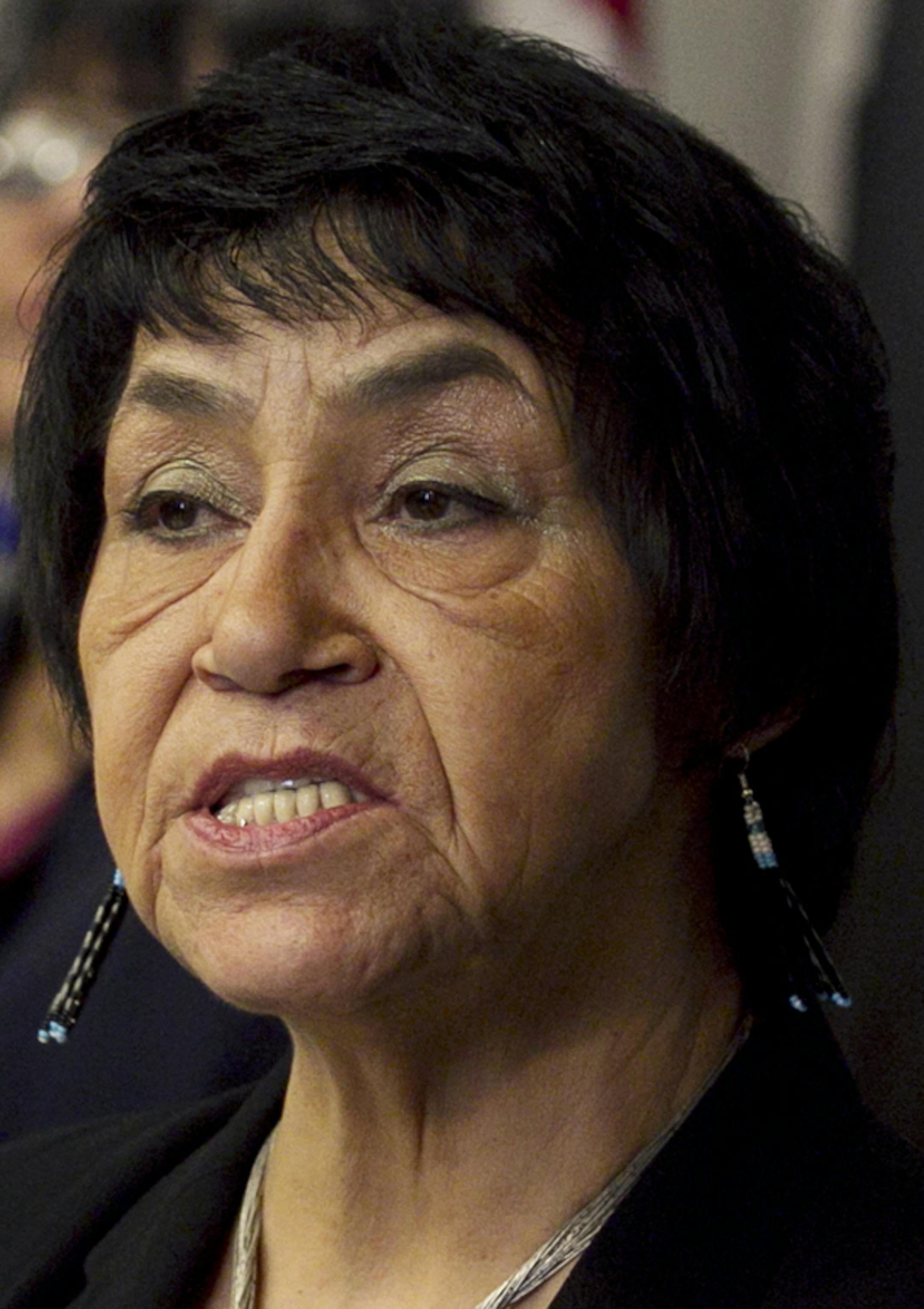 Erma Vizenor, Chairwoman, White Earth Tribe answered questions during a press conference at the state capitol Thursday February, 16, 2012 where White Earth Tribe proposes partnership with the State of Minnesota for Metro-Area Casino to fund and Vikings stadium.] (Jerry Holt/ STAR TRIBUNE/jgholt@startribune.com)
