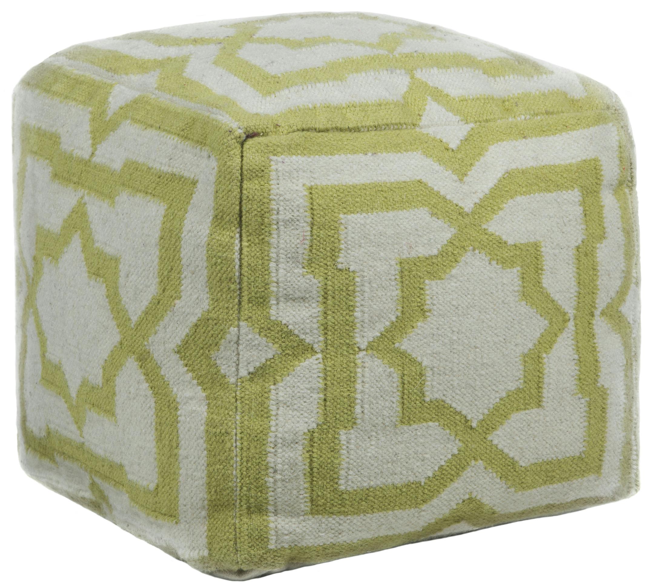 The Hand-Knitted Pouf by Chandra mixes green and cream, making the pattern lively yet serene ($164, burkedecor.com). MUST CREDIT: Burke DÈcor.