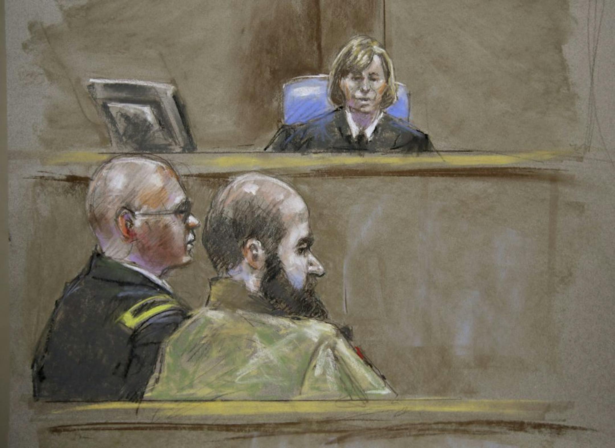 In this court room sketch, Judge Col. Tara Osborn, top, Maj. Nidal Malik Hasan, right, and defense attorney, Lt. Col. Kris Poppe, left, are shown, Wednesday, Aug. 21, 2013, in Fort Hood, Texas.