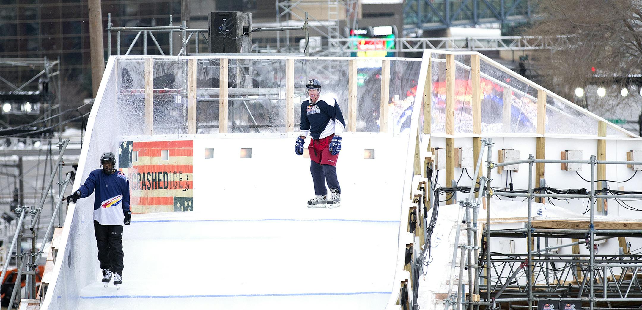 St. Paul Mayor Chris Coleman skates down a section of the Red Bull Crashed Ice course in St. Paul on Wednesday, January 21, 2015. ] LEILA NAVIDI leila.navidi@startribune.com / ORG XMIT: MIN1501211444505051