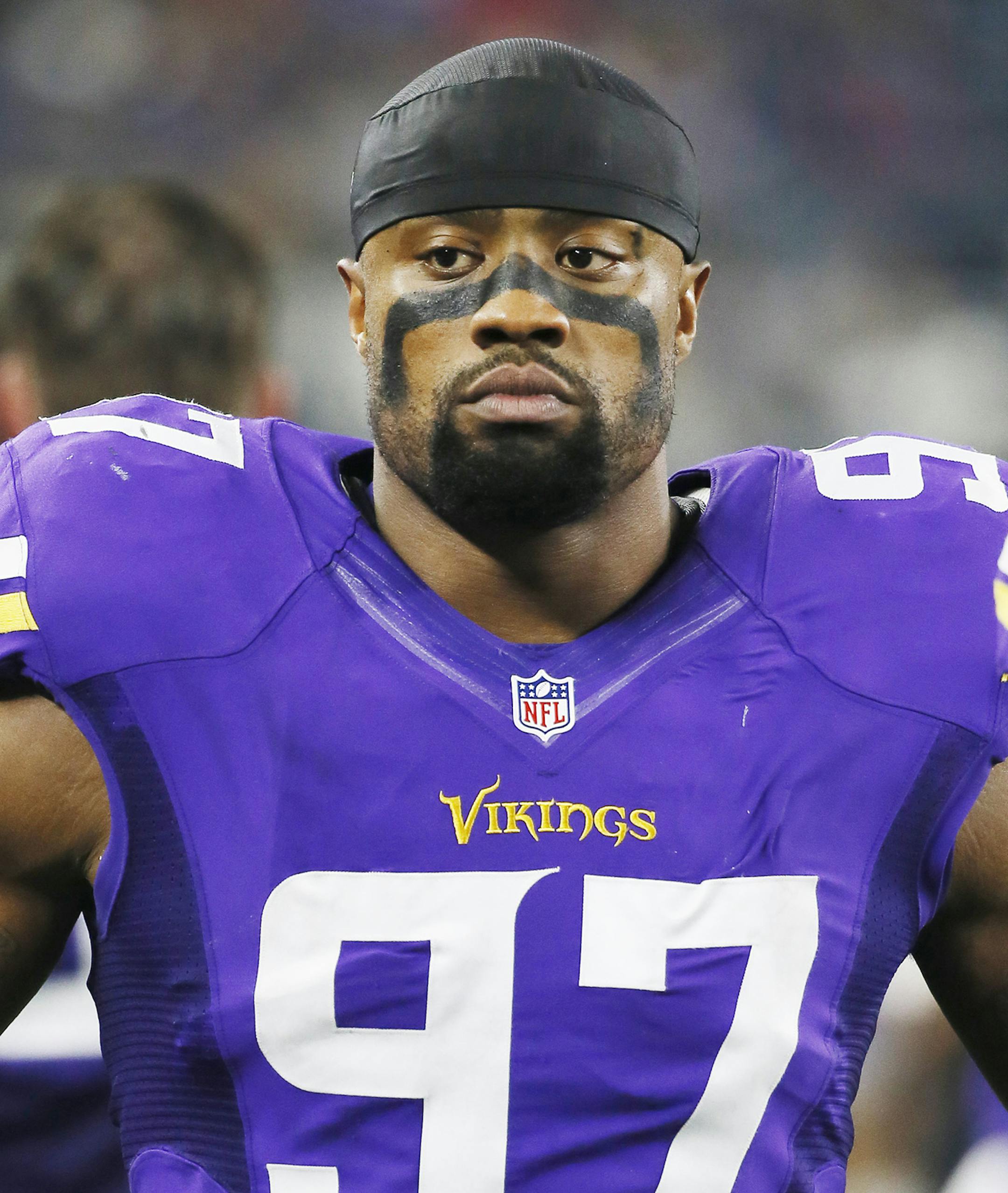 Minnesota Vikings defensive end Everson Griffen (97) looks on during the first half of a preseason NFL football game against the Dallas Cowboys Saturday, Aug. 29, 2015, in Arlington, Texas. Minnesota won 28-14. (AP Photo/Tony Gutierrez) ORG XMIT: OTK