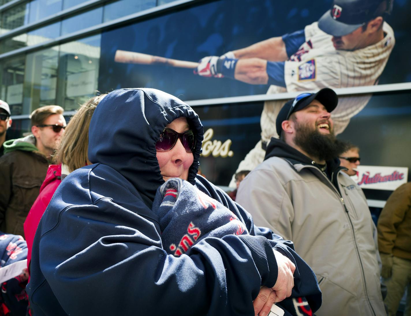 Twins fan Brenda Franke of Eagan was all bundled up fro the cold winds at Target Field on the Minnesota Twins opening day Monday April 11, 2016.