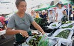 Amelia Gavurin gathered some leafy greens for a customer at the Uproot Farm booth at the Kingfield Farmers Market, which is held on Sunday mornings on