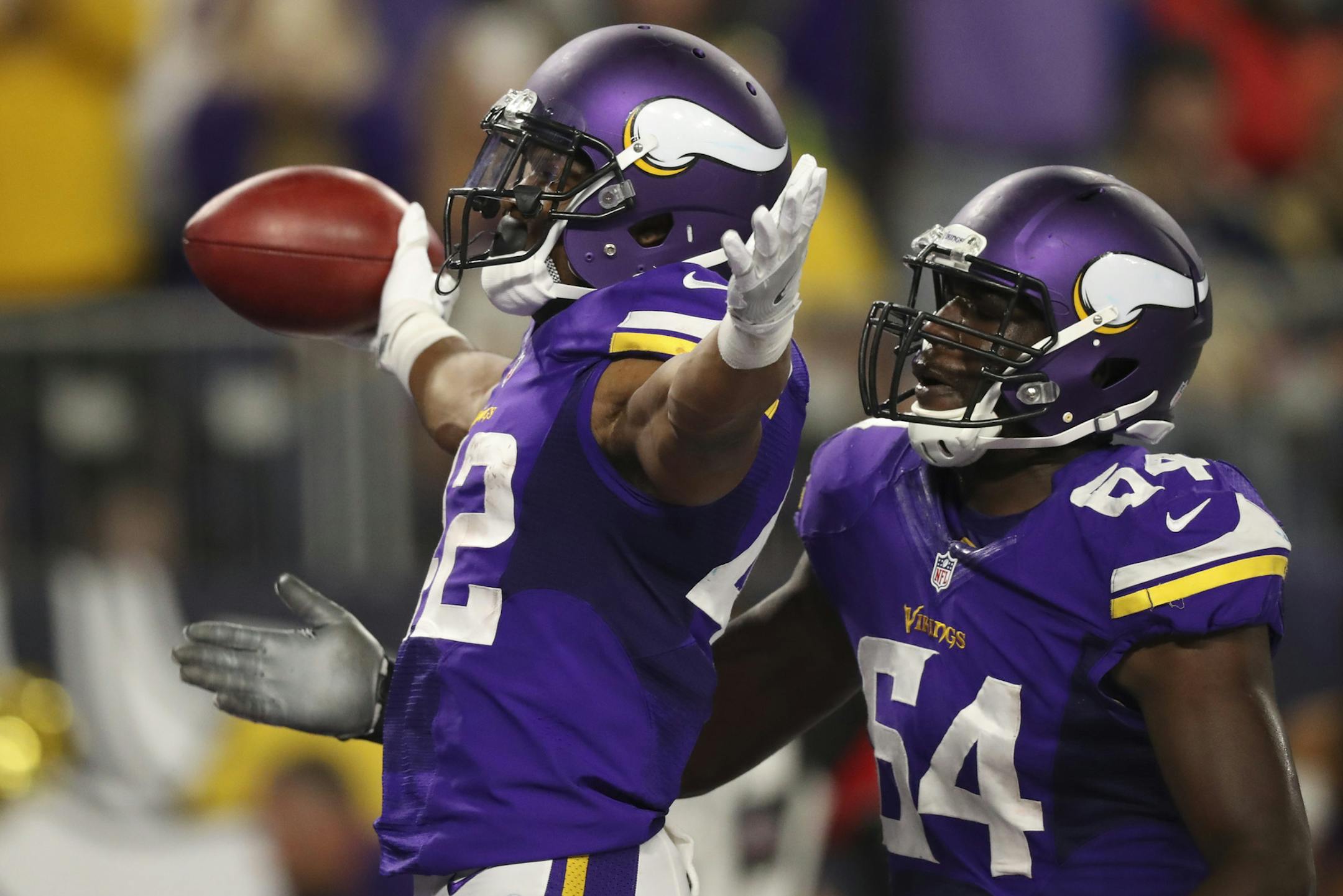 Vikings offensive guard Willie Beavers (64) celebrated with Vikings running back Jhurrell Pressley (42) after Pressley returned a third quarter Los Angeles Rams kick 106 yards for a touchdown. ] JEFF WHEELER • jeff.wheeler@startribune.com The Minnesota Vikings played the Los Angeles Rams in their final game of the NFL preseason Thursday night, September 1, 2016 at U.S. Bank Stadium in Minneapolis.