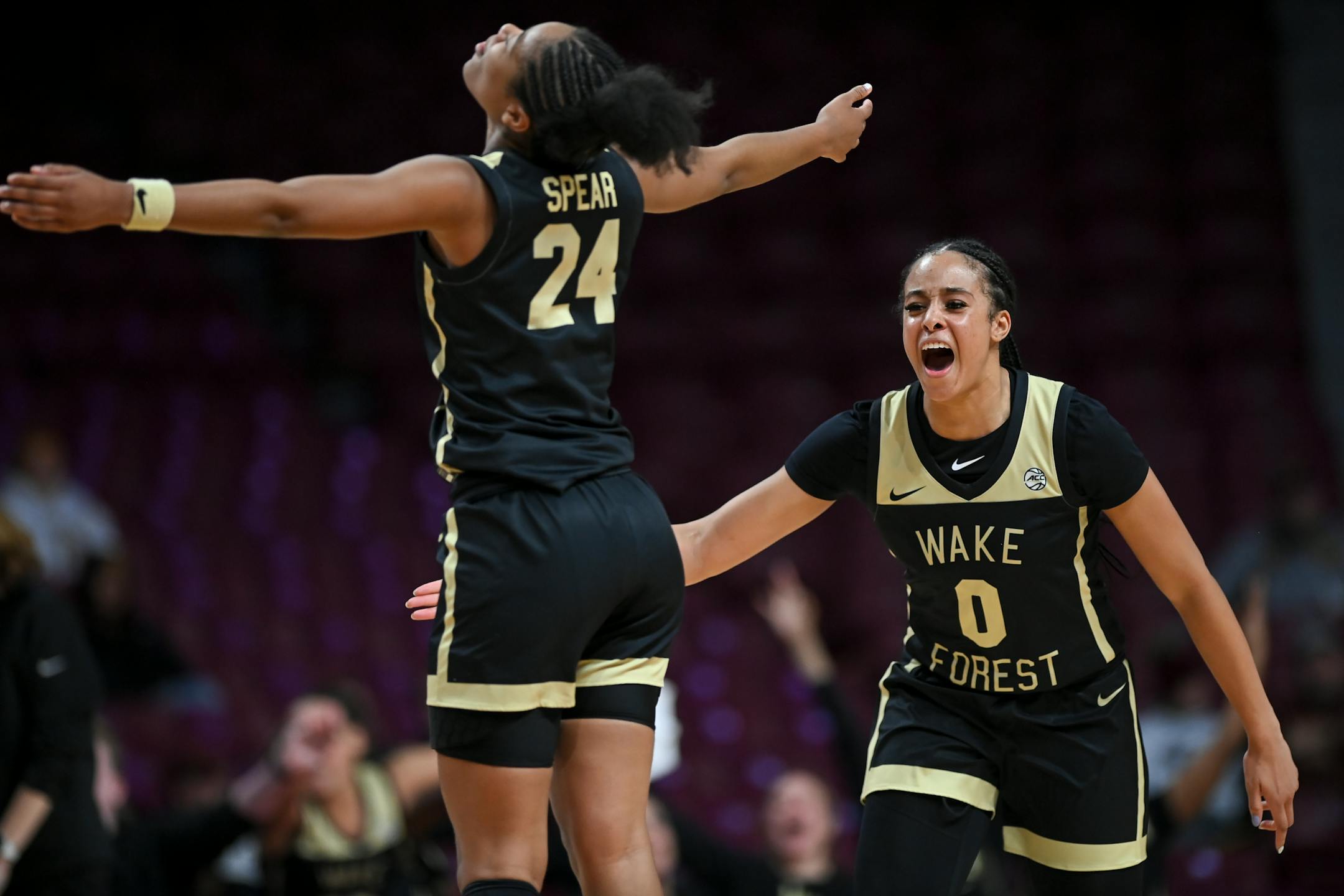 Wake Forest guard Alyssa Andrews (0) and guard Jewel Spear (24) celebrate a 3-pointer scored by Spear against the Minnesota Gophers during the second half.
