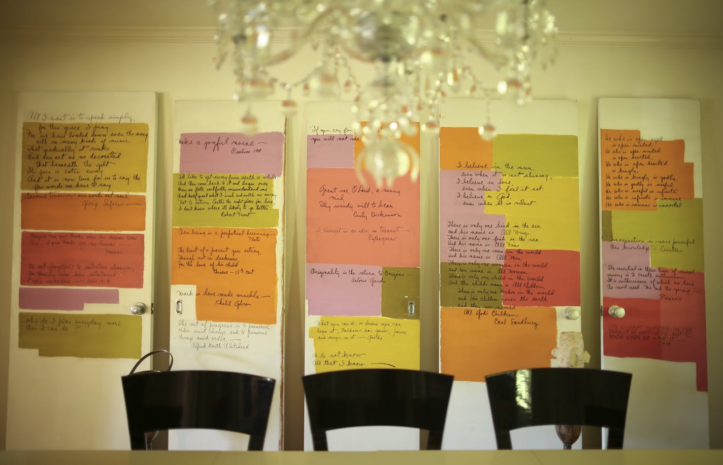 Five doors from Bonnie Cashin's United Nations Building apartment that she decorated with bold blocks of color and inspirational quotes. They now grace the dining room of her archivist, Stephanie Lake. ] JEFF WHEELER &#xef; jeff.wheeler@startribune.com After striking up a friendship with mid-century fashion designer Bonnie Cashin while living in New York, Minnetonka jewelry designer Stephanie Lake is now the custodian of Cashin's vast archive of everything from notebooks to finished garments. Sh