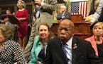 This photo provided by Rep. Chillie Pingree,D-Maine, shows Democrat members of Congress, including Rep. John Lewis, D-Ga., center, and Rep. Elizabeth 
