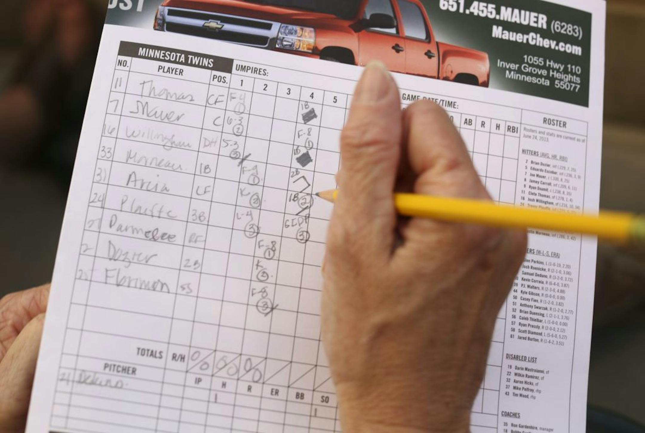Keeping score is one of those baseball traditions that may be a dying art. Still, there were a few people keeping track of it all at Target Field Wednesday night, June 26, 2013 as the Twins beat the Kansas City Royals 3-1. Molly Whitmore of Minneapolis, who has a share of a season ticket and attends 27 games a year, kept score in her Twins program. She got started as the scorekeeper for her older brothers' little league teams when she was a kid growing up in Iowa and has always enjoyed doing it.