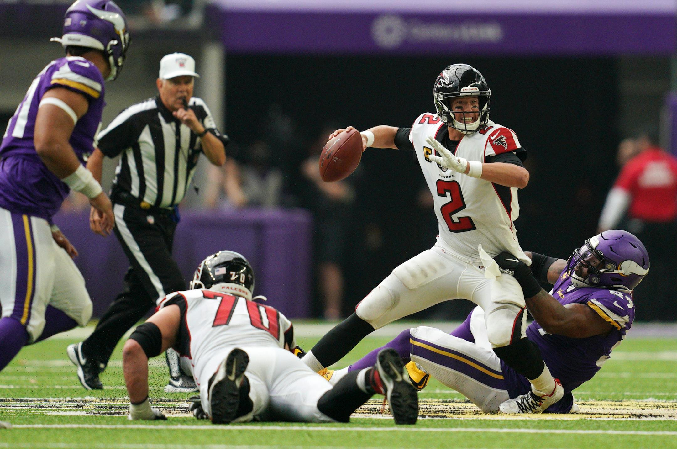 Atlanta Falcons quarterback Matt Ryan (2) was sacked by Minnesota Vikings defensive end Everson Griffen (97) in the second half. ] ANTHONY SOUFFLE • anthony.souffle@startribune.com The Minnesota Vikings played the Atlanta Falcons in their NFL season opener Sunday, Sept. 8, 2019 at U.S. Bank Stadium in Minneapolis.