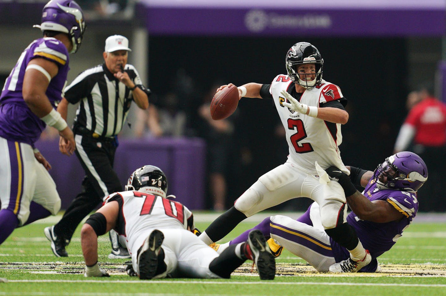 Atlanta Falcons quarterback Matt Ryan (2) was sacked by Minnesota Vikings defensive end Everson Griffen (97) in the second half. ] ANTHONY SOUFFLE &#x2022; anthony.souffle@startribune.com The Minnesota Vikings played the Atlanta Falcons in their NFL season opener Sunday, Sept. 8, 2019 at U.S. Bank Stadium in Minneapolis.