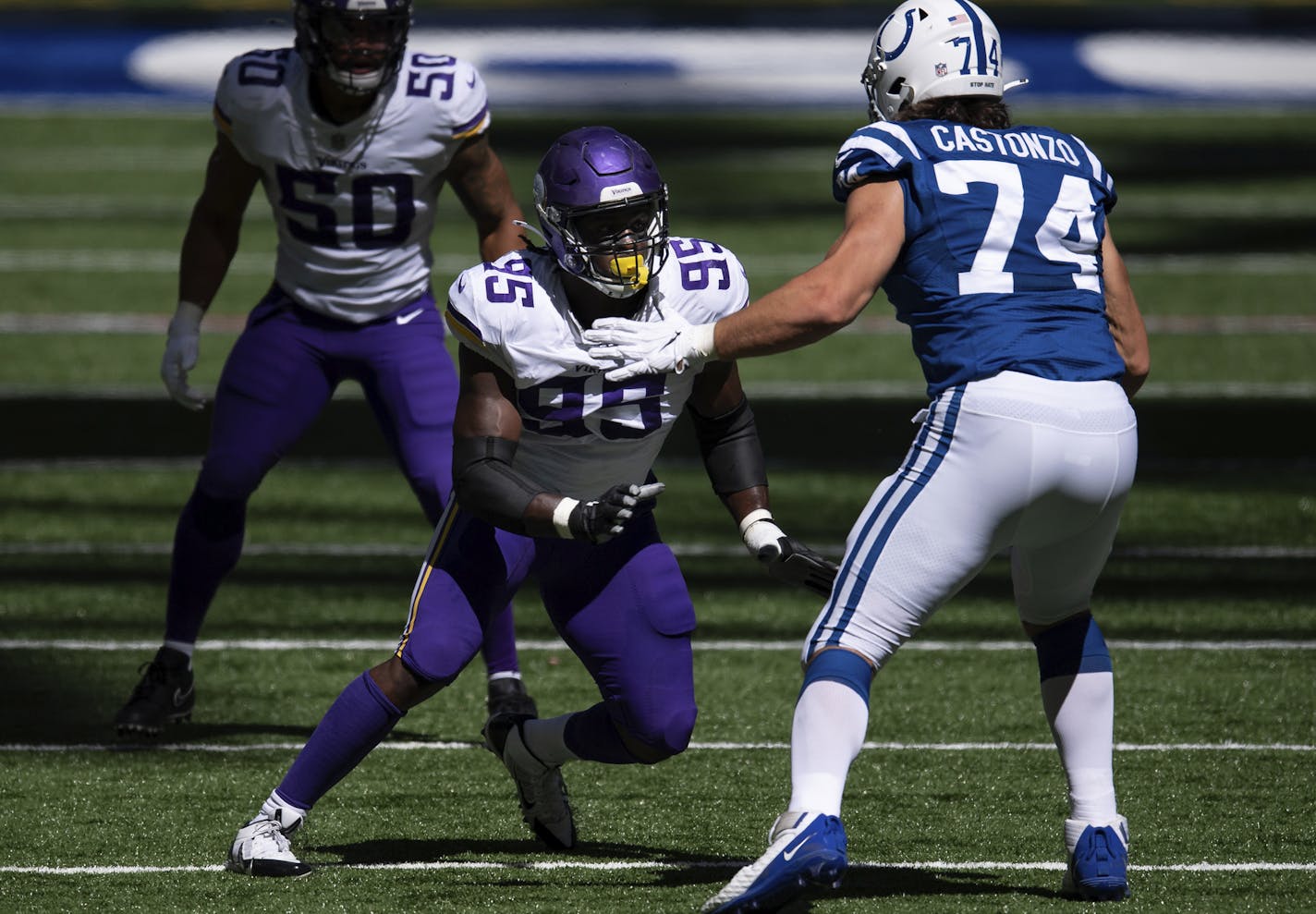 Minnesota Vikings defensive end Ifeadi Odenigbo (95) rushes into the backfield against Indianapolis Colts tackle Anthony Castonzo (74) during an NFL football game between the Indianapolis Colts and Minnesota Vikings, Sunday, Sept. 20, 2020, in Indianapolis. (AP Photo/Zach Bolinger) ORG XMIT: NYOTK