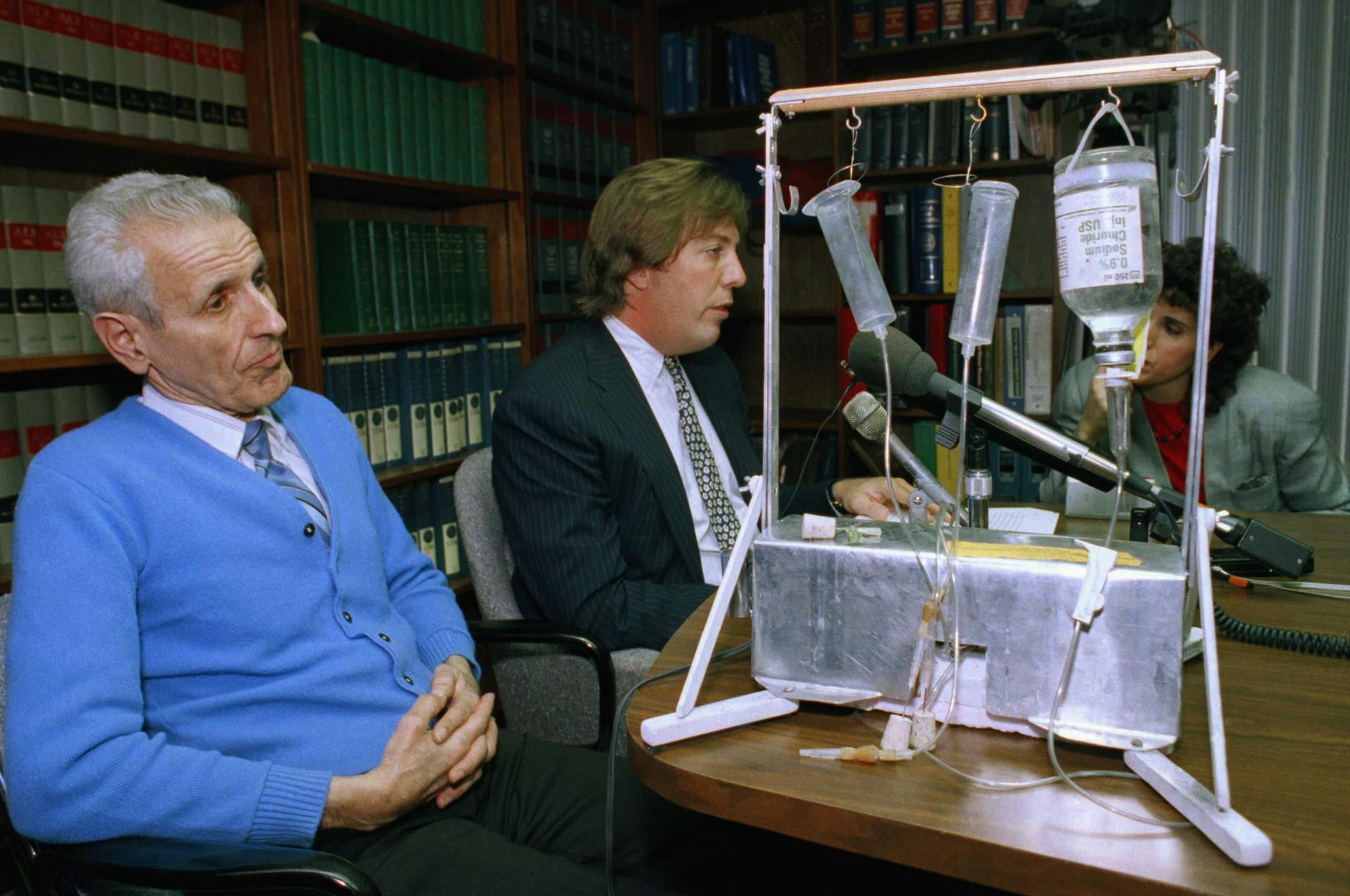 FILE In this Feb. 6, 1991 photo, Dr. Jack Kevorkian, left, listens as his attorney, Geoffrey N. Fieger, talks with reporters, after return of the Suicide Machine. A lawyer and friend of Kevorkian says the assisted suicide advocate has died at a Detroit-area hospital at the age of 83. Mayer Morganroth tells The Associated Press that Kevorkian died Friday, June 3, 2011 at William Beaumont Hospital in Royal Oak, where he had been hospitalized. Kevorkian had been hospitalized since last month with p