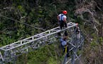 In this Sunday, Oct. 15, 2017 photo, Whitefish Energy Holdings workers restore power lines damaged by Hurricane Maria in Barceloneta, Puerto Rico. Whi
