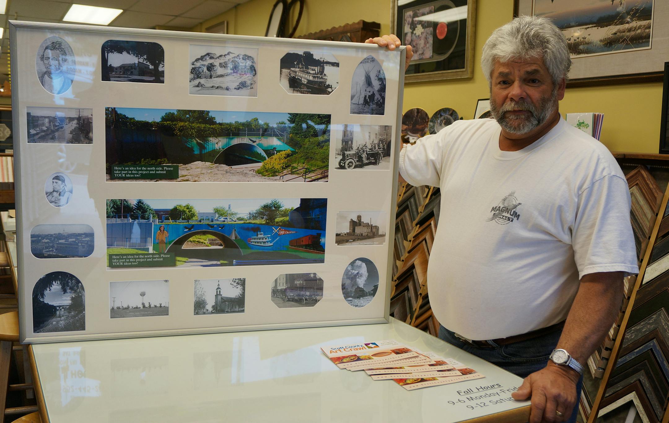 John Schroers is working with the Shakopee Chamber and Visitors Bureau on a 1,000-square-foot mural that will run along the retaining wall that separates the city's downtown from the Minnesota River and through the Holmes Street pedestrian tunnel. In his Shakopee framing shop, Schroers works on mockups of what the mural might look like. Photo by Dylan Peers McCoy, Special to the Star Tribune