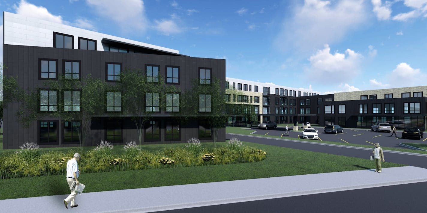 Twin Cities-based Lupe Development Partners has moved forward this month on two rental projects aimed at low-income renters: An 111-unit building that opened recently on Lake Street in Minneapolis and a senior rental building in Edina, shown here, that's in its infancy. Credit: Pope Architects