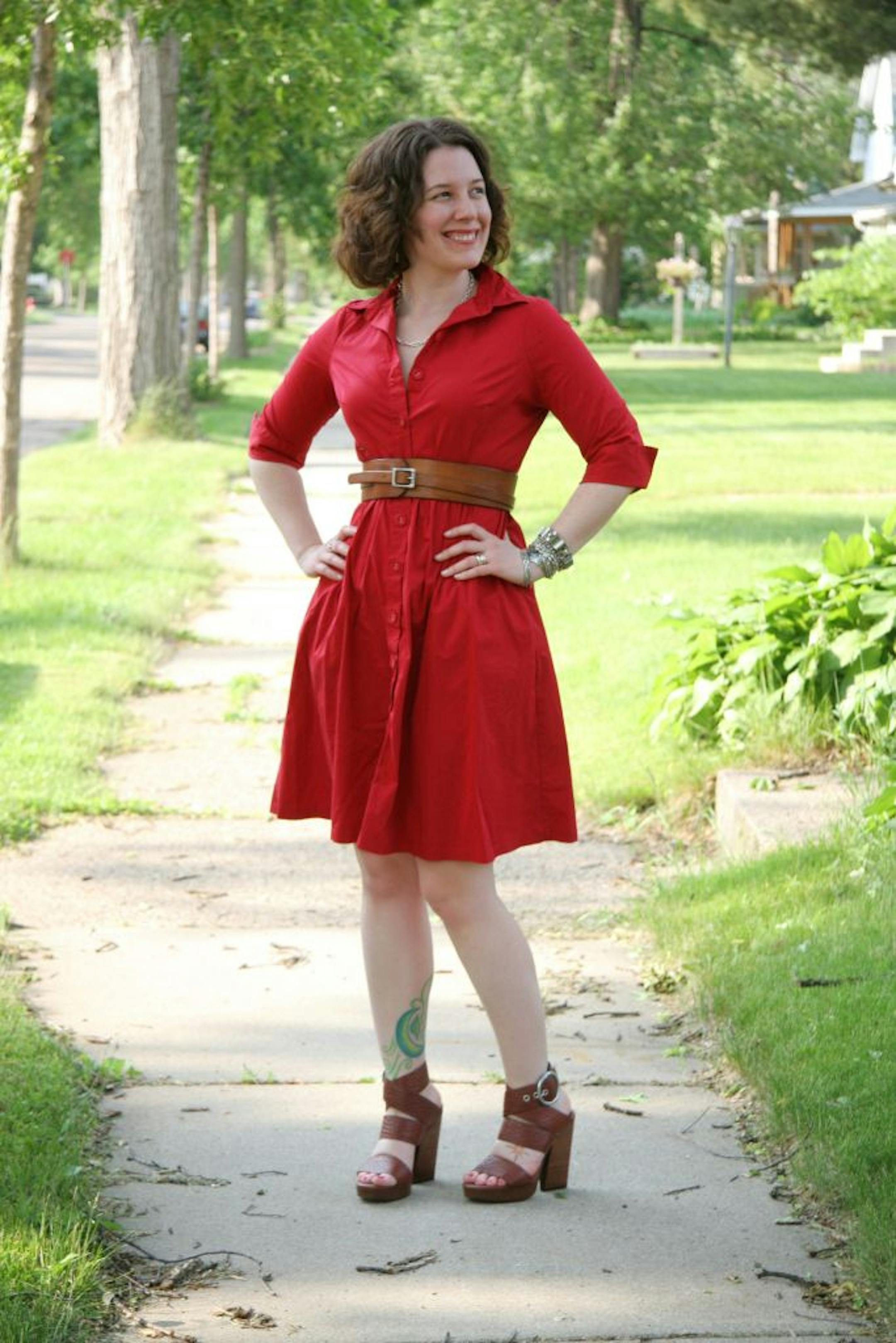 Sally McGraw of AlreadyPretty.com modeled a Land's End shirtdress, Gap belt, Lucky Brand sandals and necklace she made.