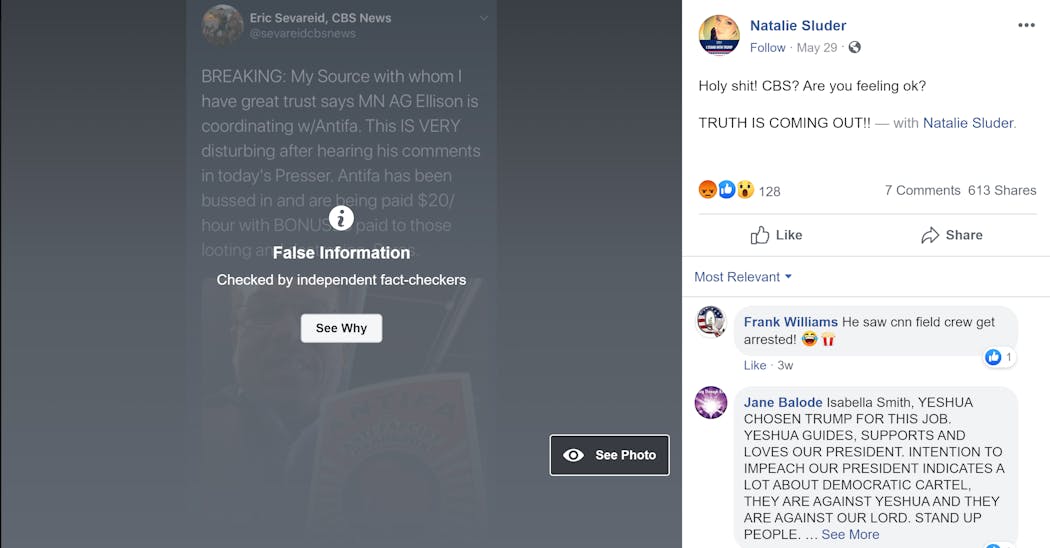 This Facebook post showing a tweet alleging that Minnesota Attorney General Keith Ellison was working with antifa to coordinate protests was marked as false information and partly obscured by Facebook.