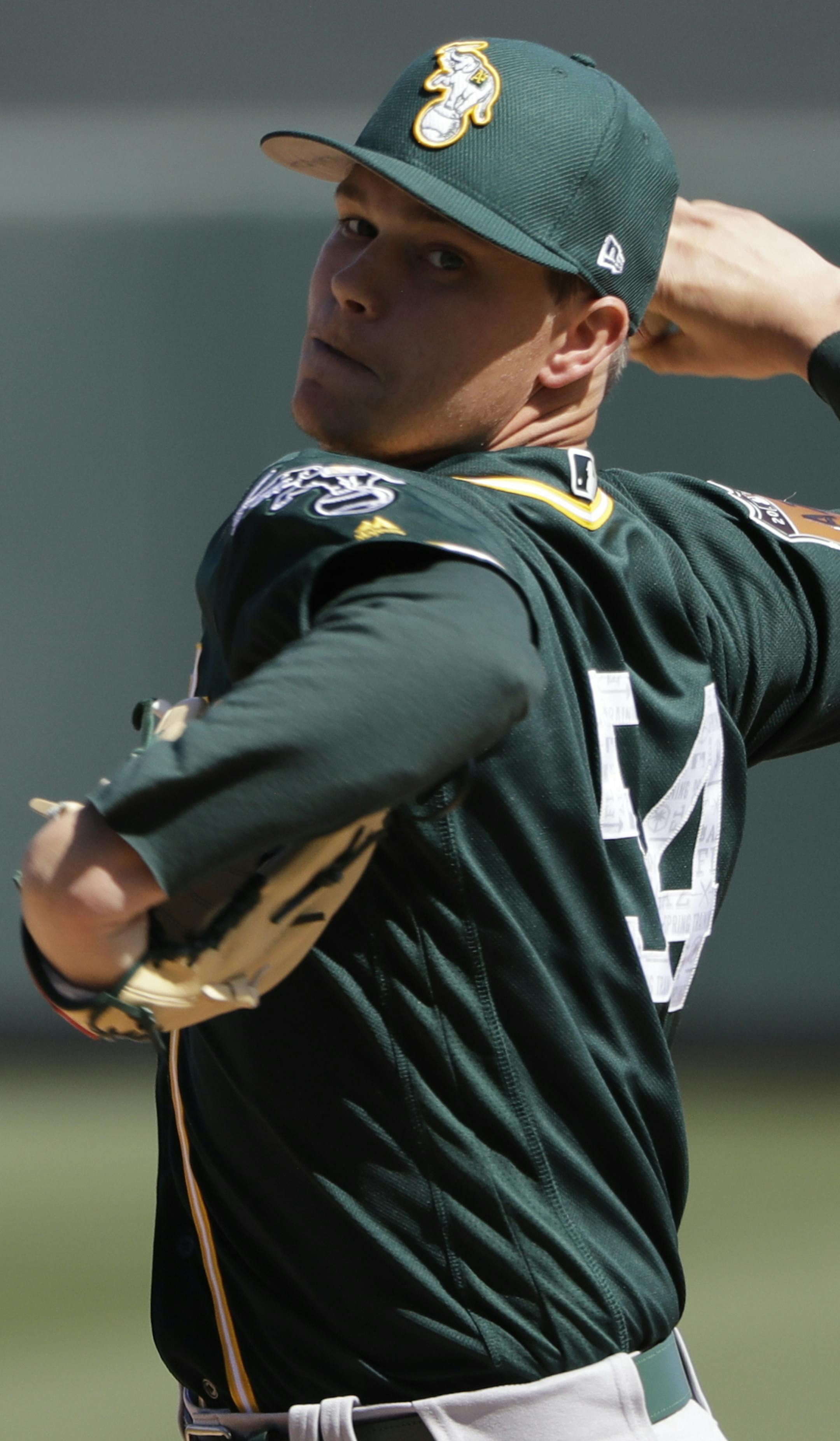 Oakland Athletics' Sonny Gray throws during a spring training baseball game against the Arizona Diamondbacks, Tuesday, March 7, 2017, in Scottsdale, Ariz. (AP Photo/Darron Cummings) ORG XMIT: AZDC1