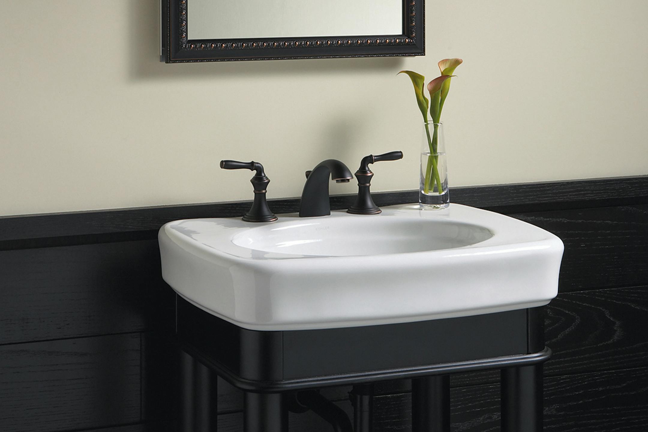 Some open vanities have a storage drawer and shelving for storage.
Kohler