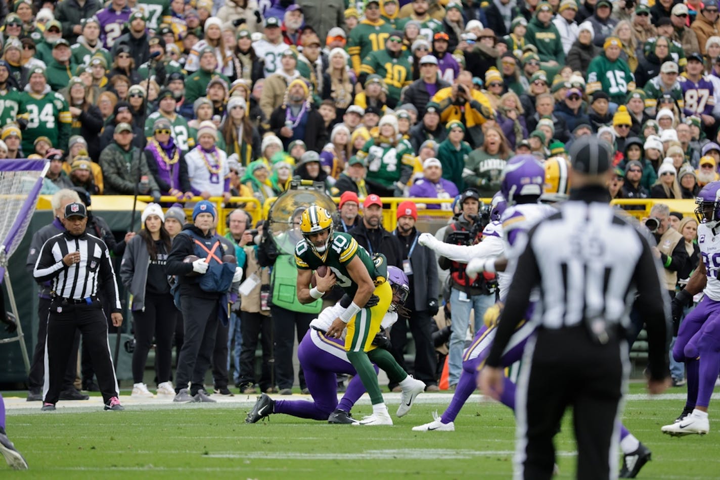 Green Bay Packers quarterback Jordan Love (10) during an NFL football game Sunday, Oct. 29, 2023, in Green Bay, Wis. (AP Photo/Mike Roemer)