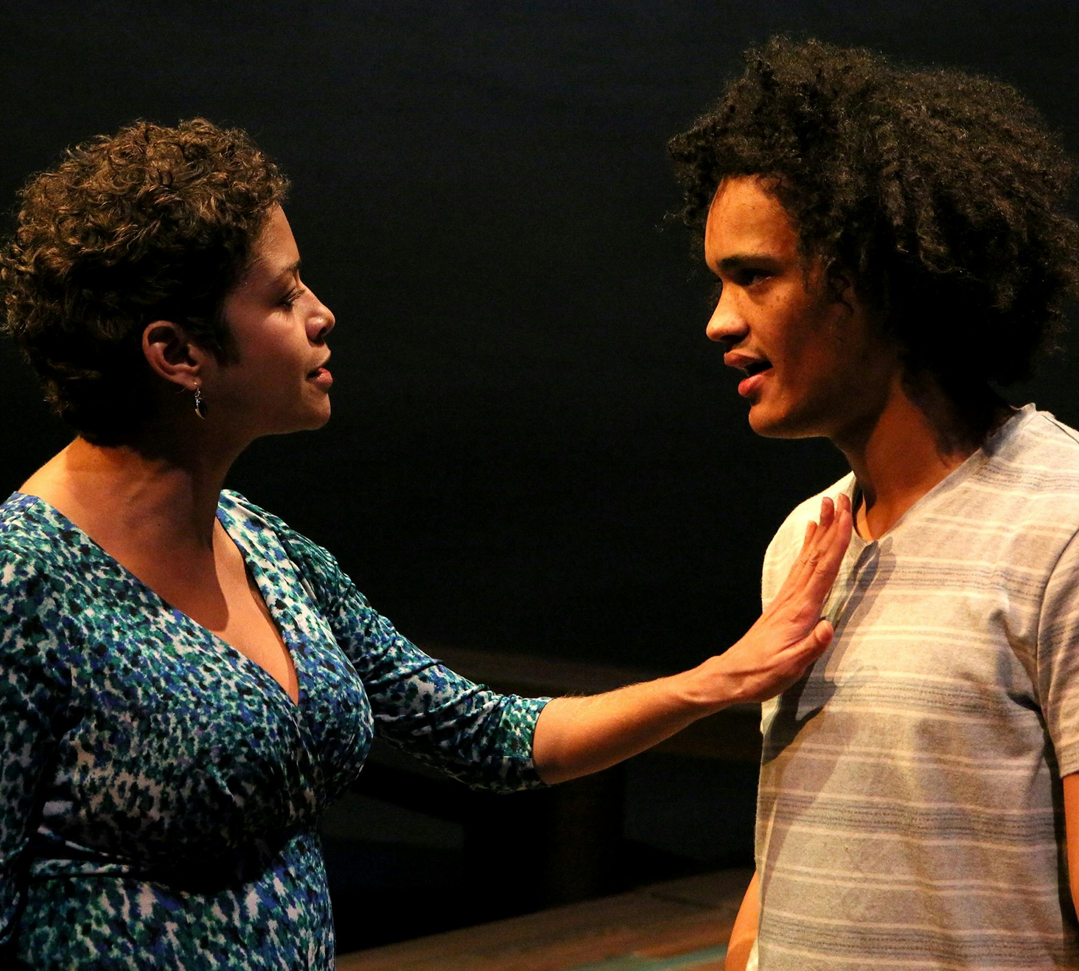 Jamila Anderson as Oba and Nathan Barlow as Marcus in "Marcus; or the Secret of Sweet" by Pillsbury House Theatre and Mount Curve Company. credit: Michal Daniel