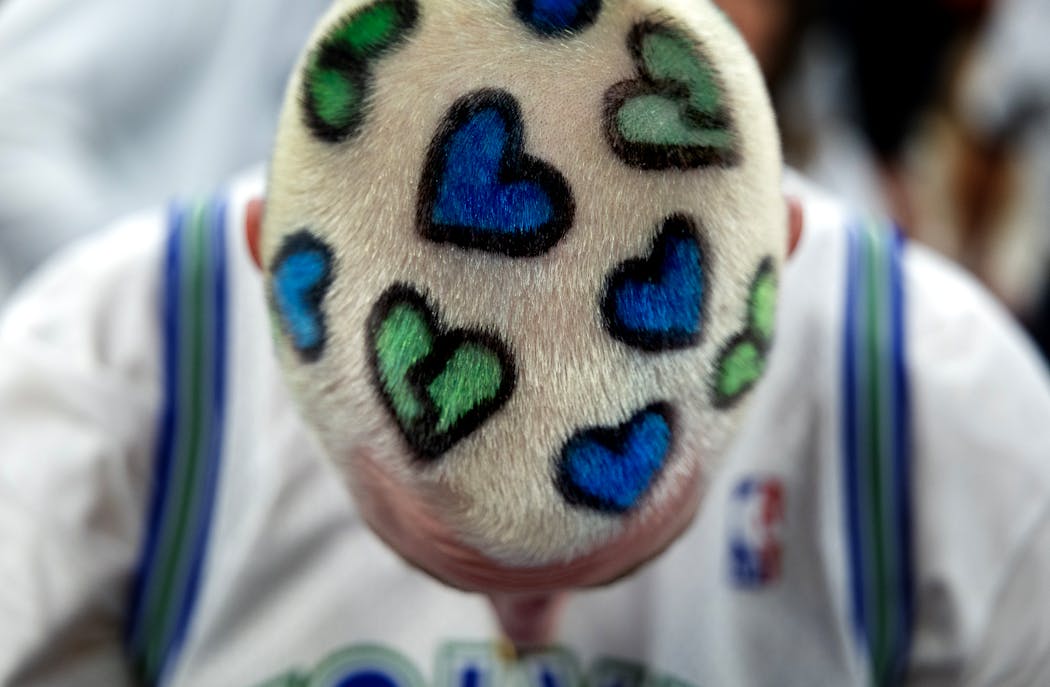 Minnesota Timberwolves fan Jordan Dye during Game 1 of the NBA Western Conference finals at Target Center in Minneapolis on Wednesday.
