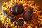 From left, a homemade Twix-like candy bar, a coconut chocolate bar, a peppermint patty owl, and a peanut butter cup on the bottom. Use cookie cutters 