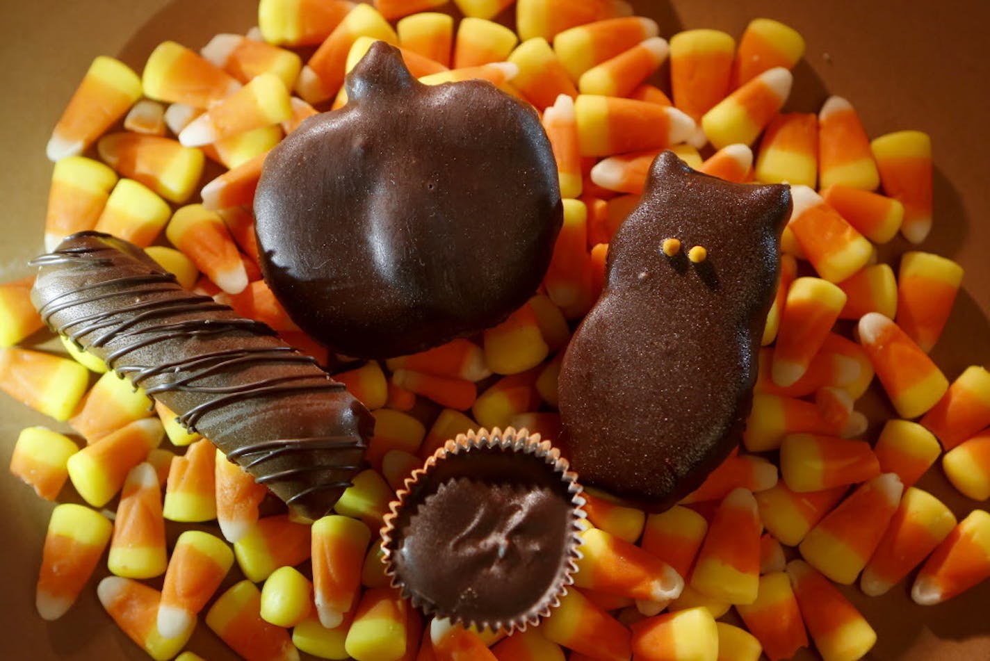 From left, a homemade Twix-like candy bar, a coconut chocolate bar, a peppermint patty owl, and a peanut butter cup on the bottom. Use cookie cutters for other creative holiday-themed shapes. (Francine Orr/Los Angeles Times/TNS) ORG XMIT: 1213686