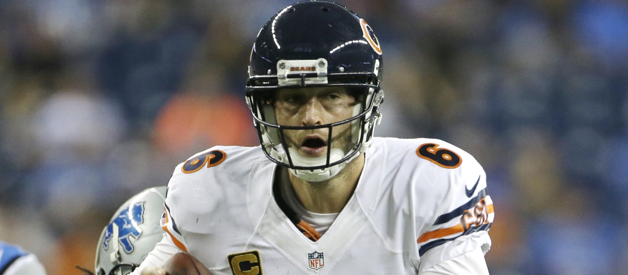 Chicago Bears quarterback Jay Cutler (6) scrambles during the fourth quarter of an NFL football game against the Detroit Lions at Ford Field in Detroit, Sunday, Sept. 29, 2013. (AP Photo/Carlos Osorio)