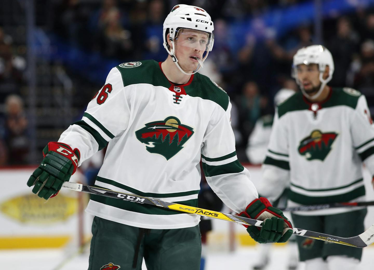 Minnesota Wild defenseman Nick Seeler skates as time runs out in the team's NHL hockey game against the Colorado Avalanche on Friday, March 2, 2018, in Denver. The Avalanche won 7-1. (AP Photo/David Zalubowski)