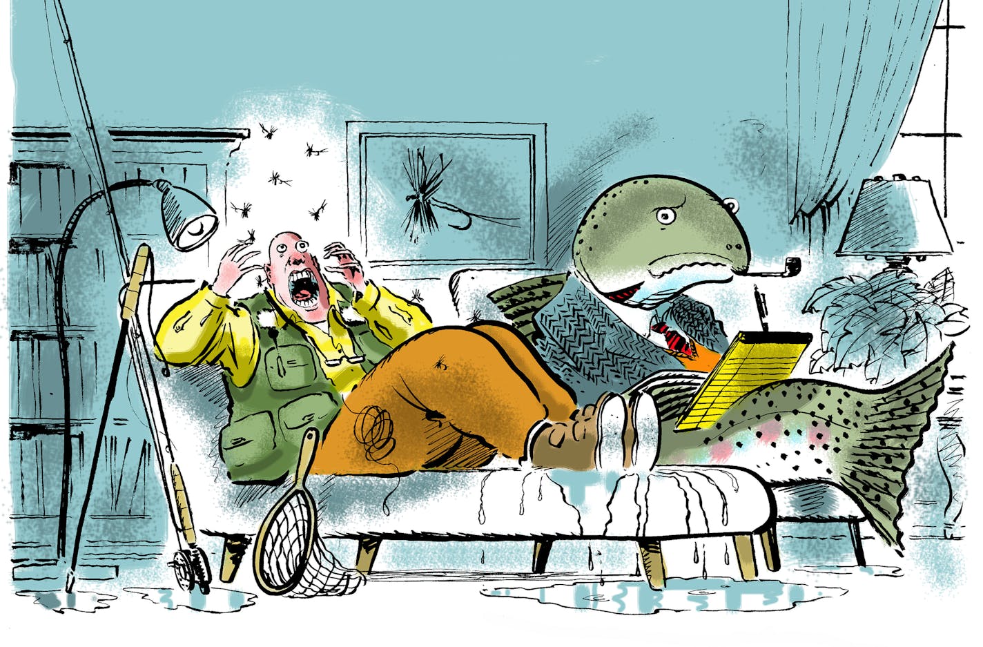 An illustration from the latest reprinting of "Fear of Fly Fishing,'' the first of several fly fishing books created by Pulitzer Prize-winning political cartoonist Jack Ohman.