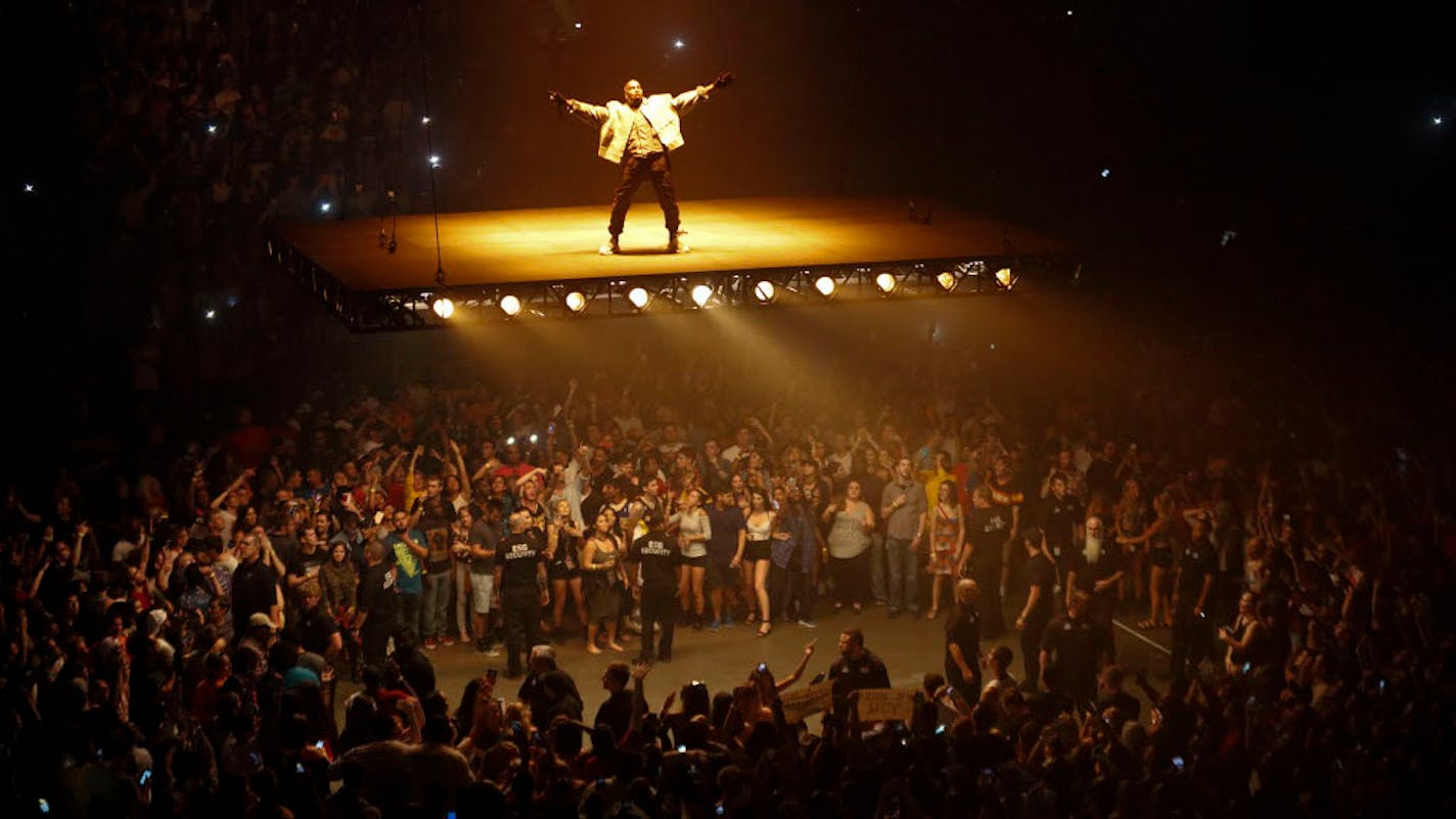 Kanye West performs during the opening of his Saint Pablo Tour in Indianapolis, Aug. 25, 2016. The tour celebrates his still-evolving February album ìThe Life of Pabloî ó which came to Bankers Life Fieldhouse in Indianapolis on Thursday night. (AJ Mast/The New York Times)