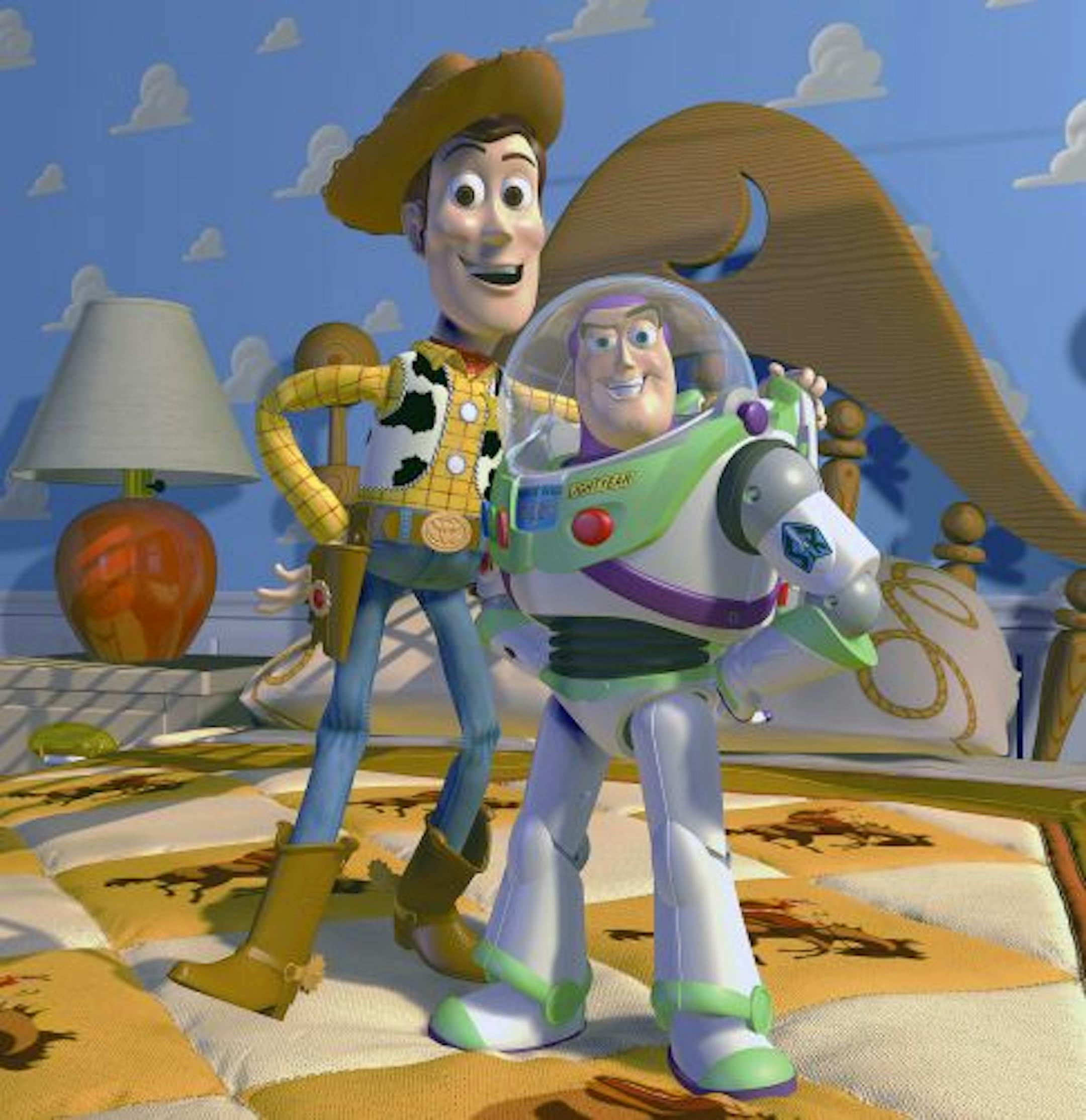 In this film publicity image released by Disney Pixar, characters Woody, left, and Buzz Lightyear, from the animated film "Toy Story," are shown.