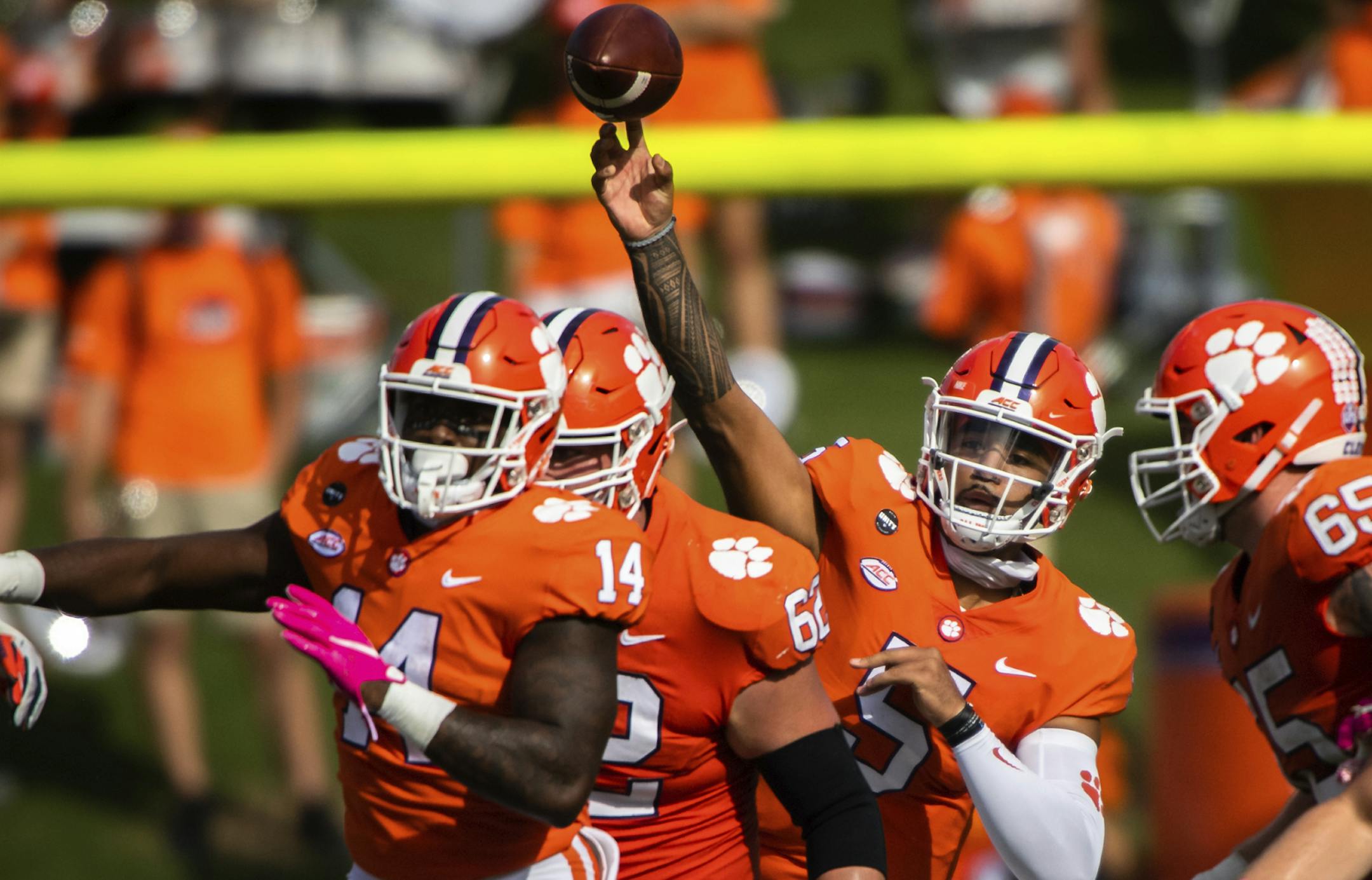 Clemson quarterback D.J. Uiagalelei (5) makes a pass during an NCAA college football game against Syracuse in Clemson, S.C., on Saturday, Oct. 24, 2020. (Ken Ruinard/Pool Photo via AP) ORG XMIT: MERe34f829204871ba60cb3a321b9b00