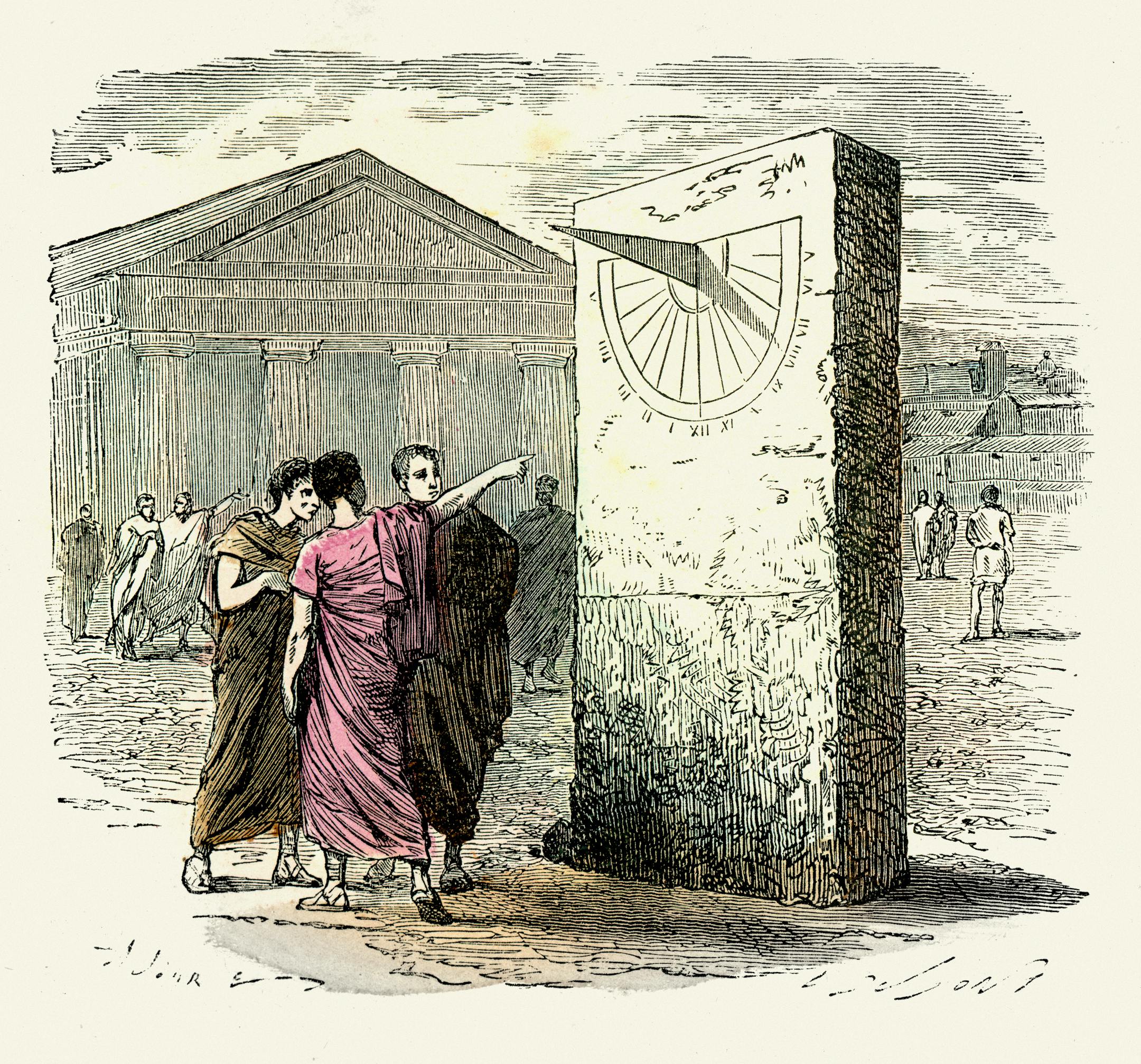 Victorian vintage engraving of Ancient Romans telling the time by using a vertical sundial. In the common vertical dial, the shadow receiving plane is aligned vertically; as usual, the gnomon's style is aligned with the Earth's axis of rotation.