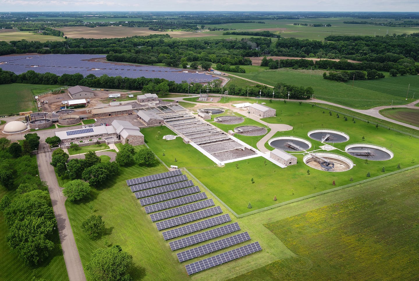 A 220-kilowatt solar array powers the St. Cloud Wastewater Treatment Plant, along with a biodigester that turns sewage into energy.