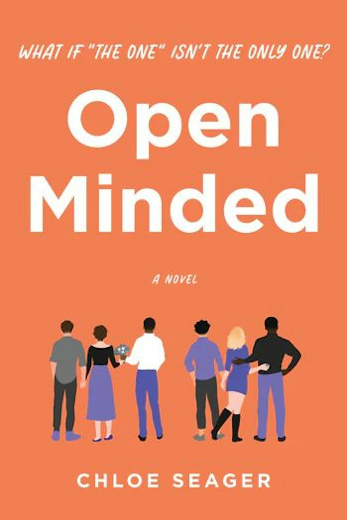 on an orange background, cover of Open Minded is a cartoonish illustration of two pairs of three people, all with their backs to us