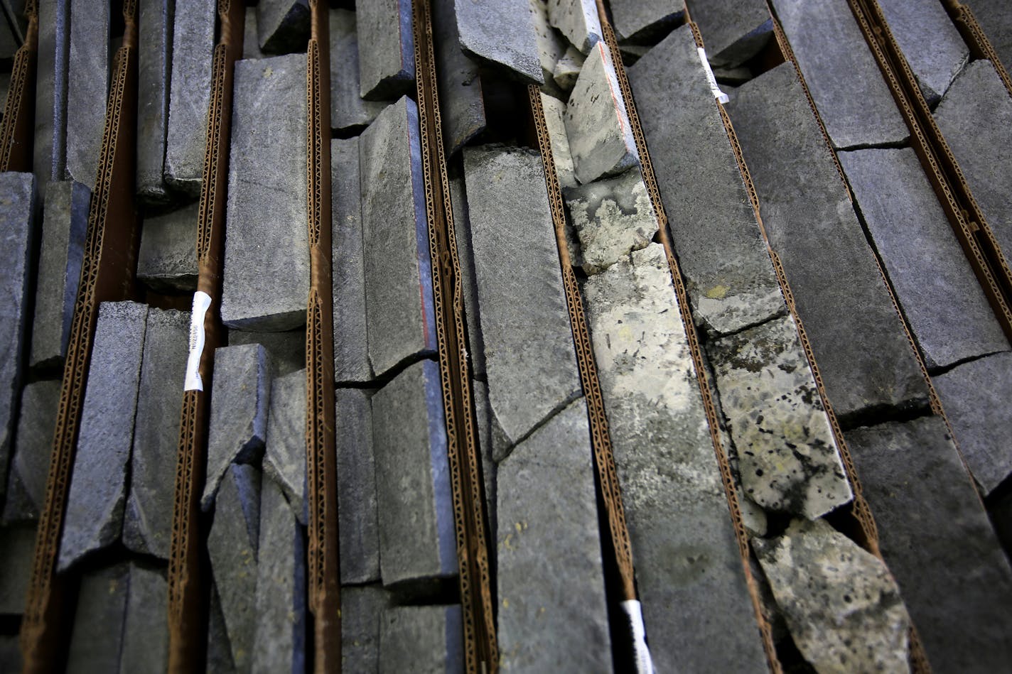 Not since the battle of 1978 to designate the BWCA as a wilderness area has the town of Ely been so divided. This time it's the possibility of Copper/Nickel mining and the promised jobs it brings -vs- the fear that mining so close to the BWCA could contaminate the water. Here, core samples. ]
BRIAN PETERSON &#xa5; brianp@startribune.com
ELY, MN - 05/30/2013