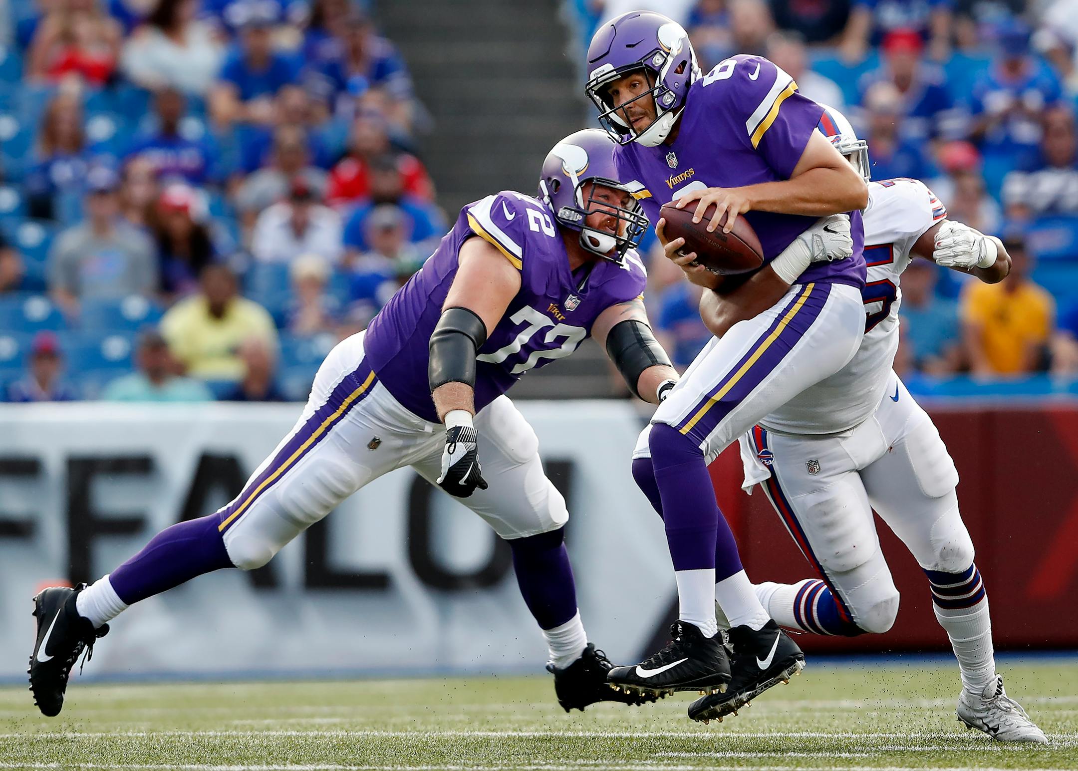 Vikings quarterback Sam Bradford was sacked by the Bills' Eddie Yarbrough (75) in the first quarter Thursday. ] CARLOS GONZALEZ � cgonzalez@startribune.com - August 10, 2017, Orchard Park, NY, New Era Field, NFL, Minnesota Vikings vs. Buffalo Bills