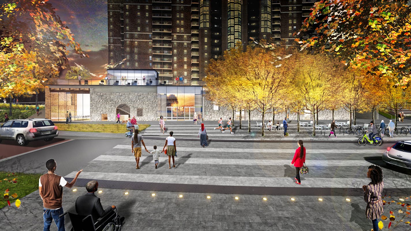 Rendering of the proposed pavillion area at the Water Works park, alongside the Stone Arch Bridge.