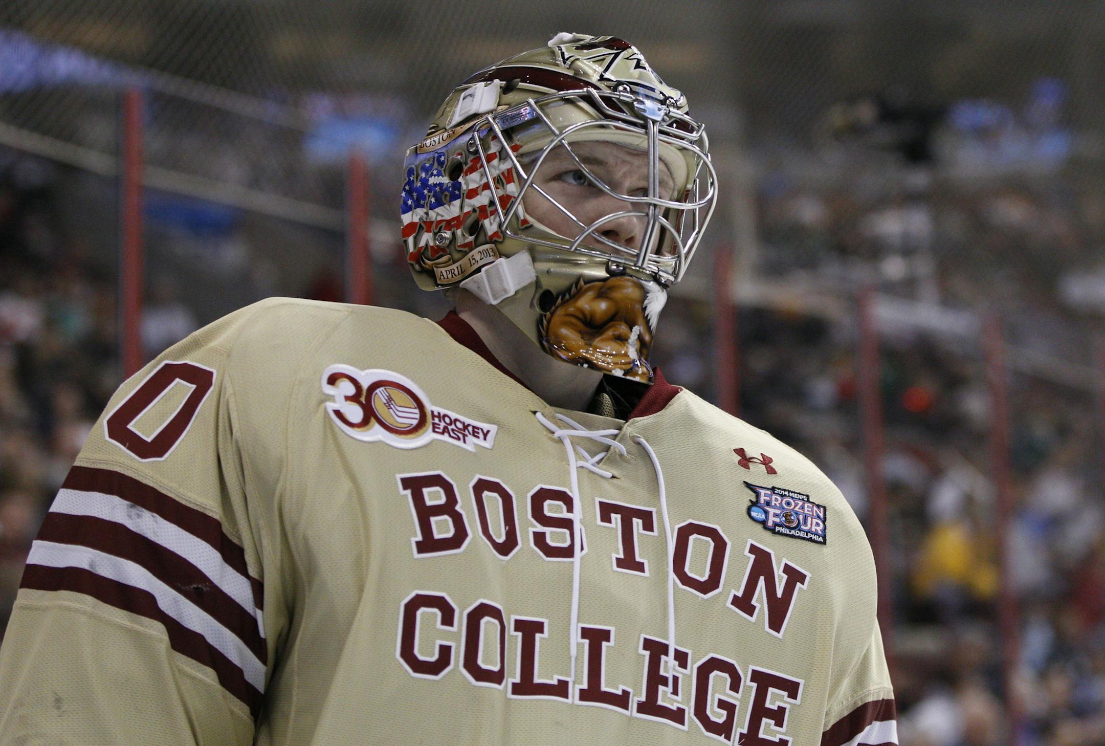 Boston College's Thatcher Demko looks on during the second period of an NCAA men's college hockey Frozen Four tournament game against Union, Thursday, April 10, 2014, in Philadelphia. Union College won 5-4. (AP Photo/Chris Szagola) ORG XMIT: NYOTK