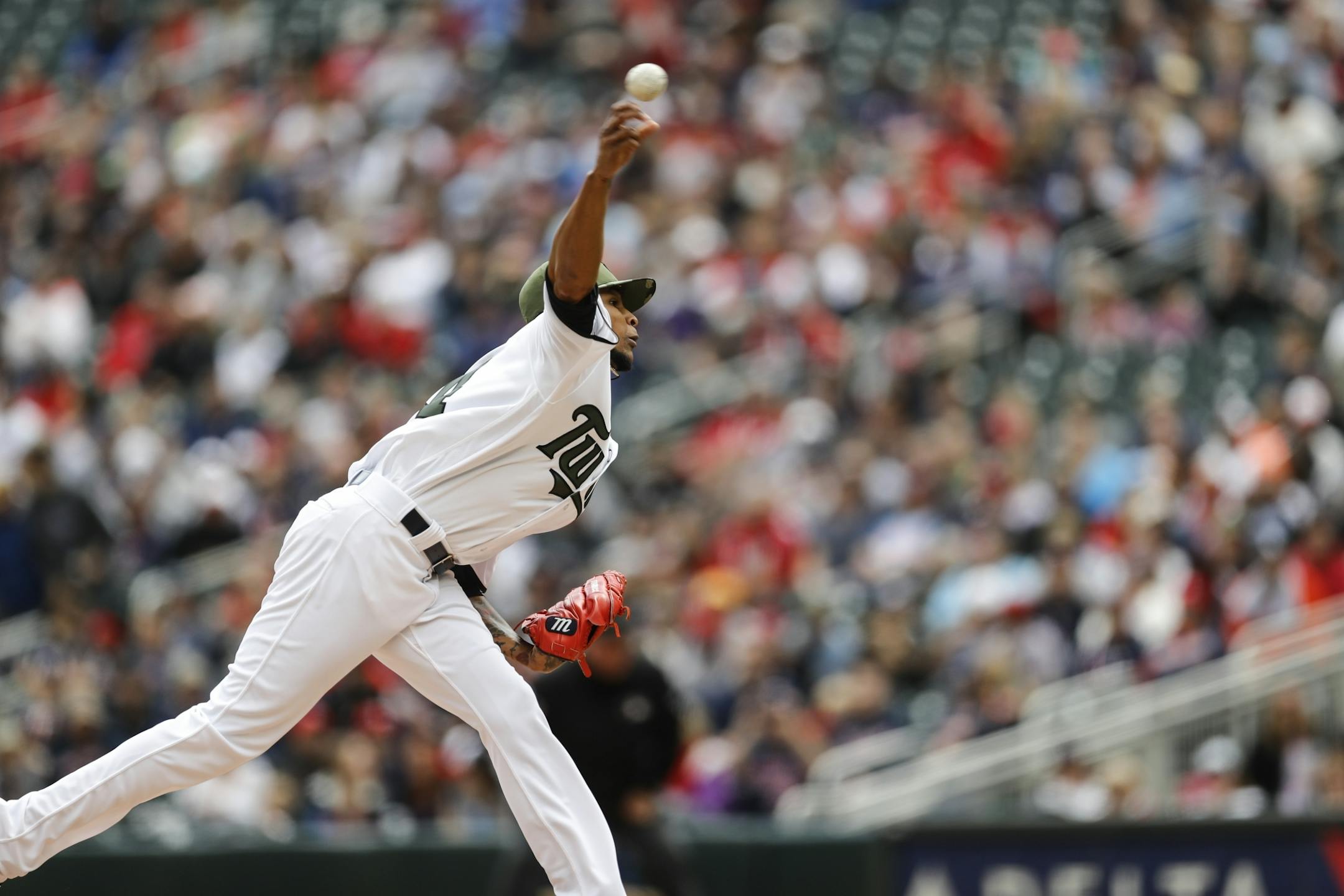 Minnesota's Ervin Santana pitches in the first inning against the Houston Astros at Target Field in Minneapolis, Minn. on Monday, May 29, 2017.