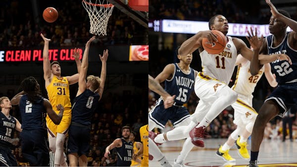 Brock Stull, left, played well for the Gophers in their victory over Wisconsin, but it took away minutes from fellow guard Isaiah Washington, right.
