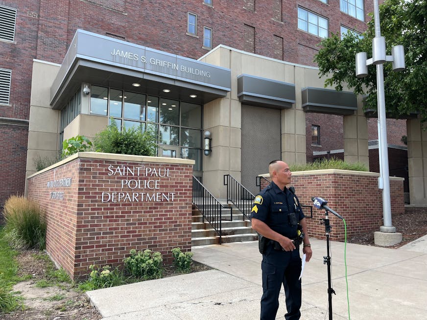 Public Information Officer Sgt. Toy Vixayvong stands outside the St. Paul Police Department on July 20, 2025.