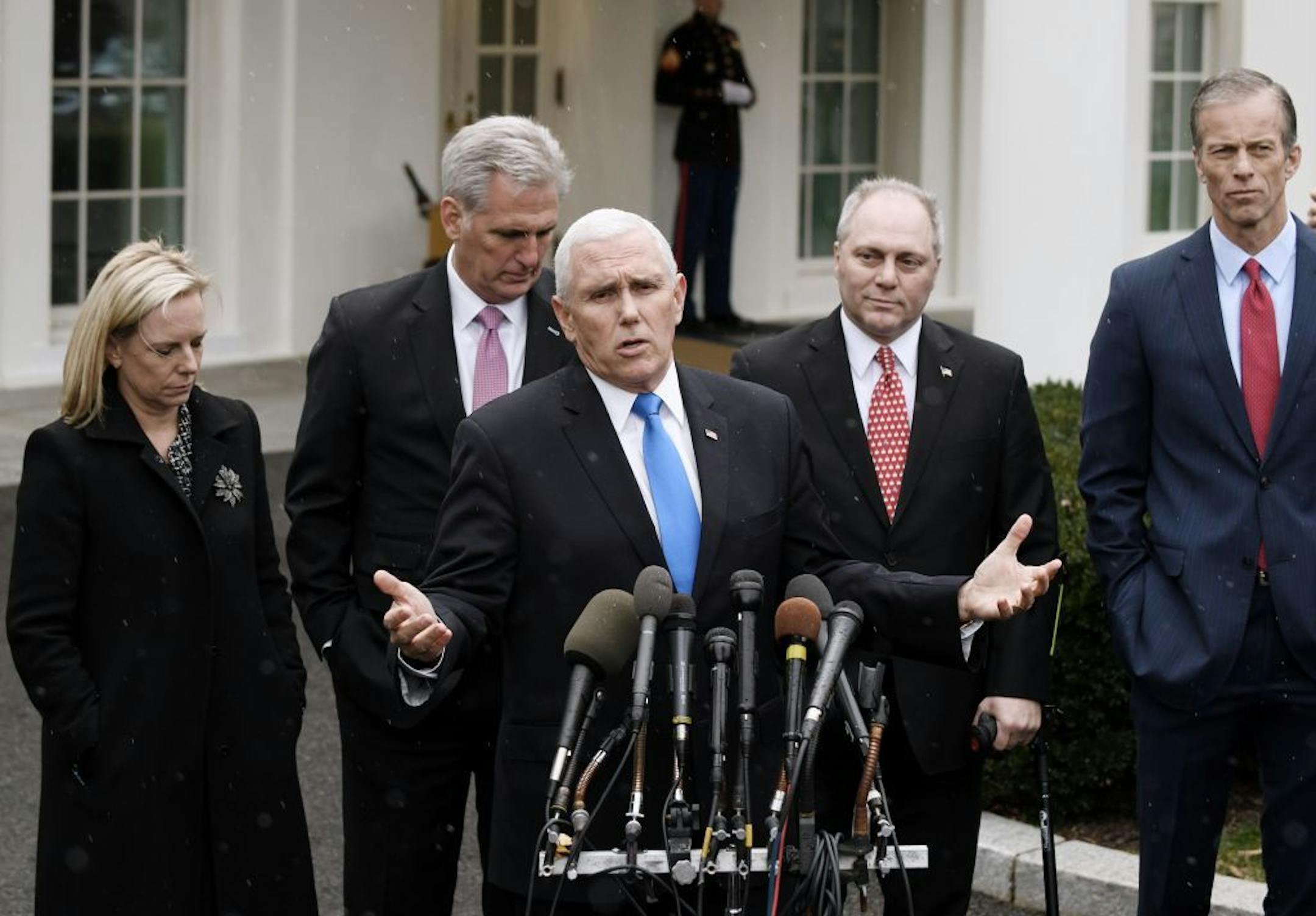 Vice President Mike Pence, joined by House Minority Leader Kevin McCarthy, Homeland Security Secretary Kirstjen Nielsen, Minority Whip Steve Scalise and Sen. John Thune of South Dakota, spoke outside the White House on Wednesday.