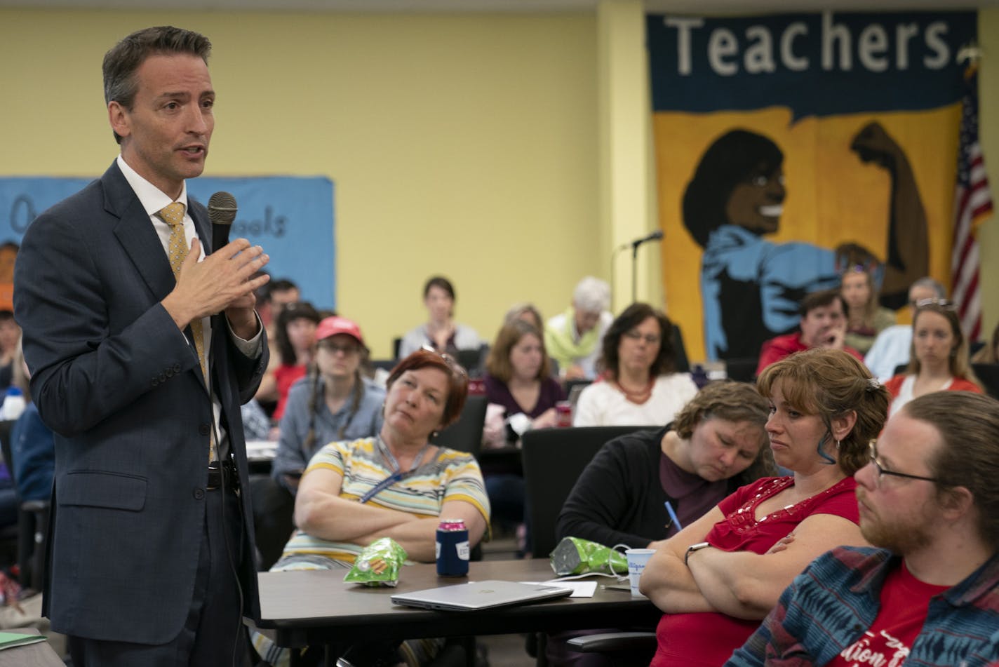 Superintendent Ed Graff spoke to a room a teachers during a meeting at the Minneapolis Federation of Teachers 59 headquarters in Minneapolis, Minn., on Wednesday, May 15, 2019.